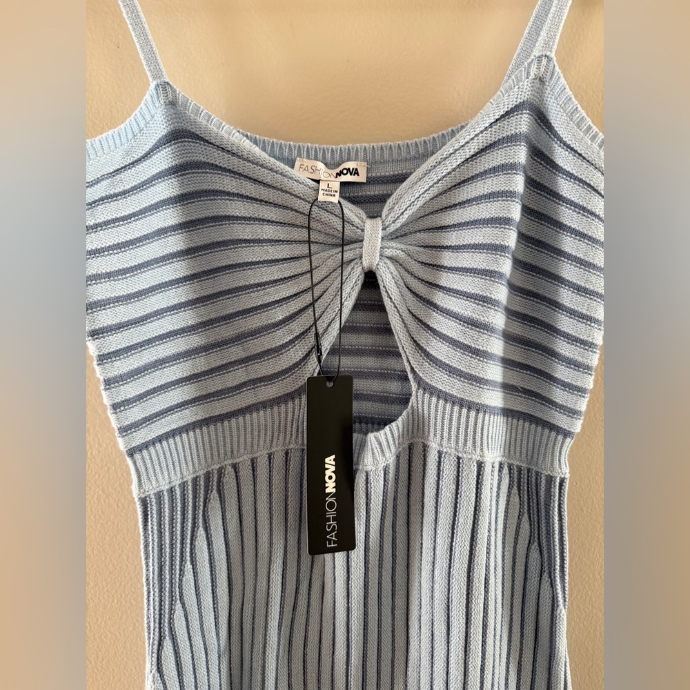 NWT - Fashion Nova Light Blue Ribbed Knit Cutout Midi Dress - Picture 4 of 8
